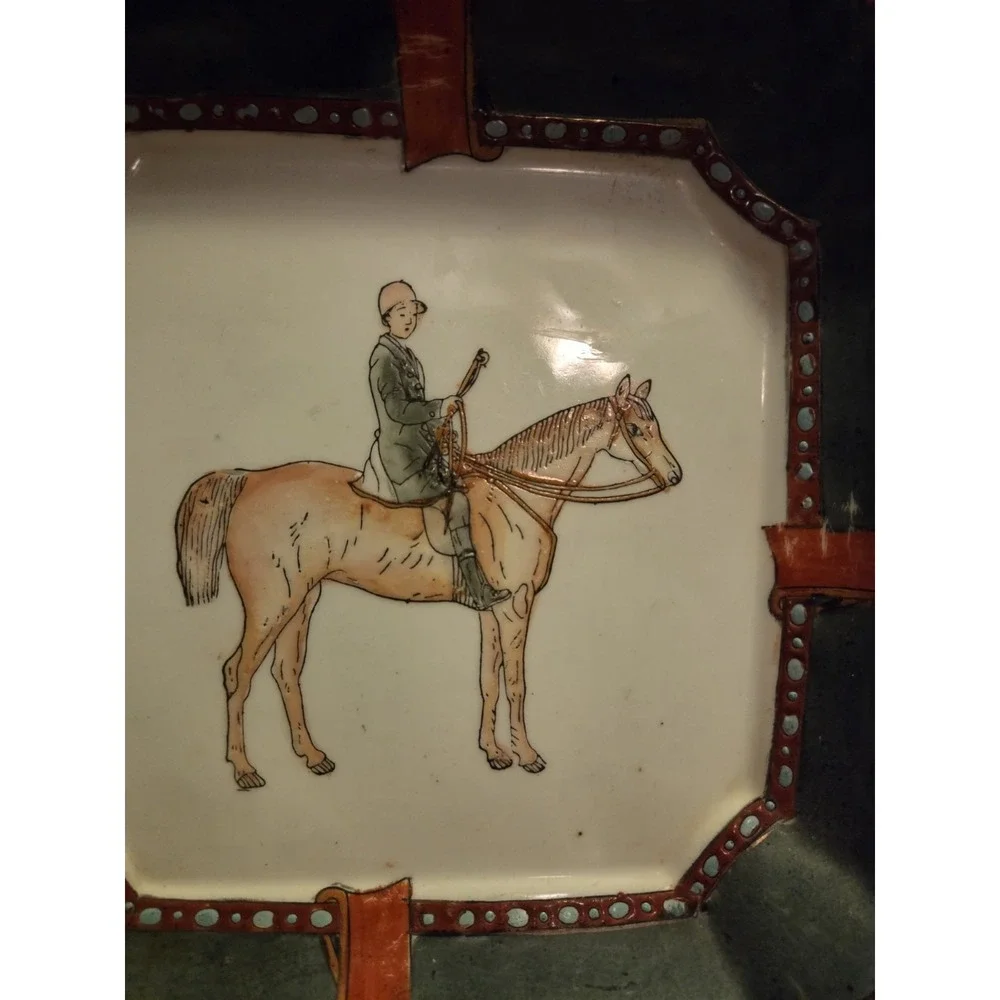 vintage Japanese Kutani equestrian dish features a hand-painted horse and rider